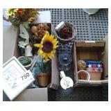 BOX FULL OF FLOWERS, VASES, ETC