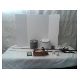 3 fishing rods and reels. Includes MINNOW buckets