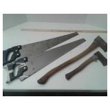 2 hand saws and 2 axes