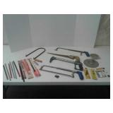 HAND saws, 2 without blades, extra blades,