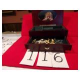 WOOD JEWELRY  BOX W/COSTUME JEWELRY