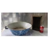 Blue Splatter Enamel Ware and Wooden Box.