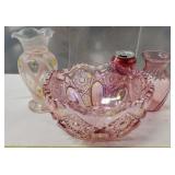 Pink Iridescent Carnival Glass Bowl and More