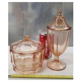 VINTAGE PINK GLASS TRANSLUCENT CANDY DISH AND