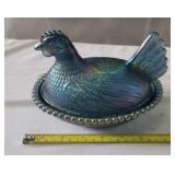 Indiana Glass Hen on Nest Chicken Blue Carnival