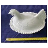 Vintage White Milk Glass Hen on Nest.  Hobnail