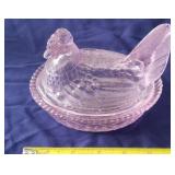 Vintage Pink Glass Chicken Hen On Nest Nesting