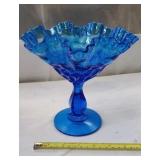 FENTON GLASS 6" COLONIAL BLUE COMPOTE THUMBPRINT