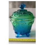 Glass Candy Dish Bowl Lid Green  Blue Flashed