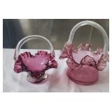 2 Depression Art Glass Cranberry Brides Baskets