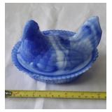 Hen on Nest.  Blue Slag Glass