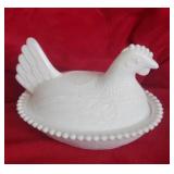 Hen on Nest.  Milk Glass