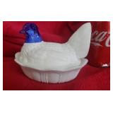 Fenton Hen on Nest. Milk Glass with Blue Head.