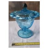 Blue Grape Glass Compote with Lid. Lace Rim.