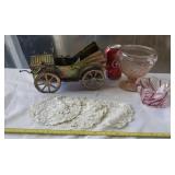 Tin Model Car, Glassware and Doilies