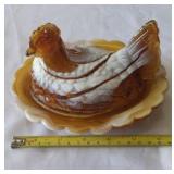 Hen on Nest.  Butterscotch Slag Glass.