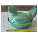 Hen on Nest.  Green Milk Glass