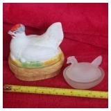 Hen on Nest.  Ceramic and Frosted Glass