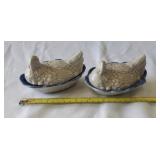 Set of Hen on Nest. Ceramic Beige on Blue. China
