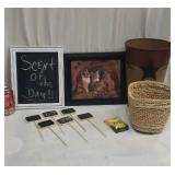 Primitive Tin Vase, Chalk Board Sign and More.