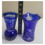 Cobalt Blue Etched Glass Vases