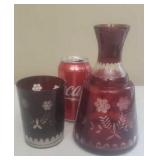 Bohemian Ruby Red Etched Glass Decanter & Cup