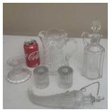 Cut Glass Pitcher chipped, Vinegar Cruet & More