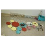 Melmac dishes  glass  bird feeder & more.