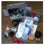 BOX OF MISC BUTTONS, SEWING KIT, ETC