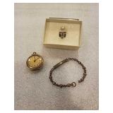 12 KT GOLD FILLED WATCH, BRACELET,  PEARL TIE PIN