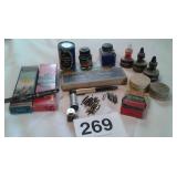 VTG INK ERASER, BOTTLES OF INK,  FOUNTAIN PENS, 1