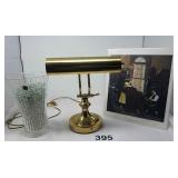 BRASS PIANO/DESK LAMP, CRYSTAL VASE WITH