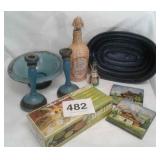 CANDLESTICKS AND BOWL, BOTTLES, SHELLER, ETC