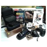 NIKON CAMERA, TRIPOD, LOTS OF LENSES, BOOKS,