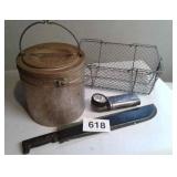 MINNOW BUCKET, WIRE BASKET, MACHETE, FLASHLIGHT