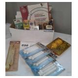 BOX OF MISC BULBS AND 8 OUTLET POWER STRIP