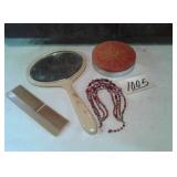VINTAGE HAND MIRROR,  COMB,  NECKLACE,  CONTAINER