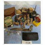 OLD WOODEN SPOOLS,  OIL CAN, KNIFE, GLASSES,&
