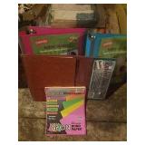 BOX OF STENOGRAPHER PAPER, BINDERS, NEON PAPER