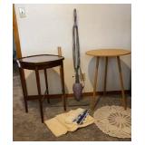 2 end tables, shark steam mop, table cloths,