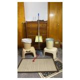 Step stools, trash cans, rugs, broom and dust pan