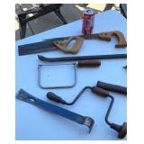 Hand saws, crow bar, tools
