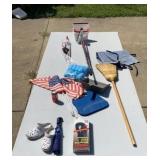 Brooms, dust pans, flags, umbrellas