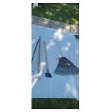 Garden tools leaf rake floor scraper hoe.