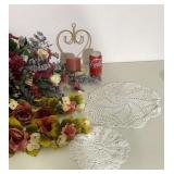 Flowers, candle holders, doilies
