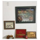 Tractor pictures, old car picture, wooden