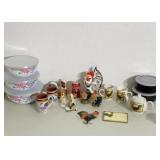 Chicken figurines, coffee cups, metal bowls