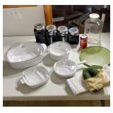 Canister set, Corning ware, kitchen towels,