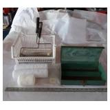 OLD TIN CARRYING CASE, PAINT ROLLERS, ETC