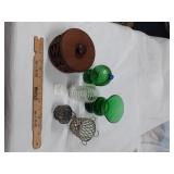 WOOD KEEP SAKE BOX, GREEN GLASS, ETC